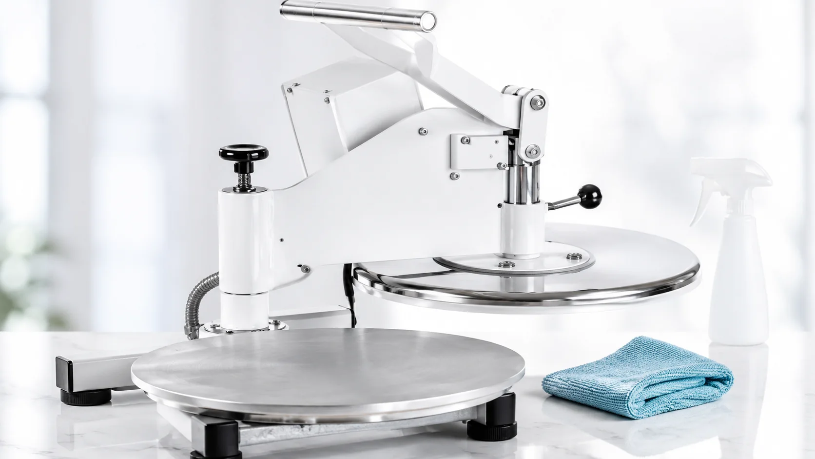Commercial dough press cleaning and care setup with food-safe cleaning supplies