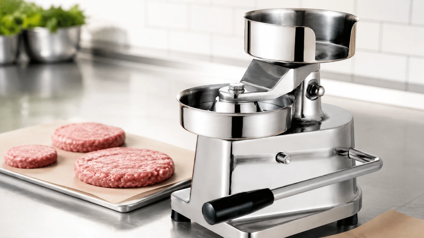 Commercial burger patty press with uniform formed patties